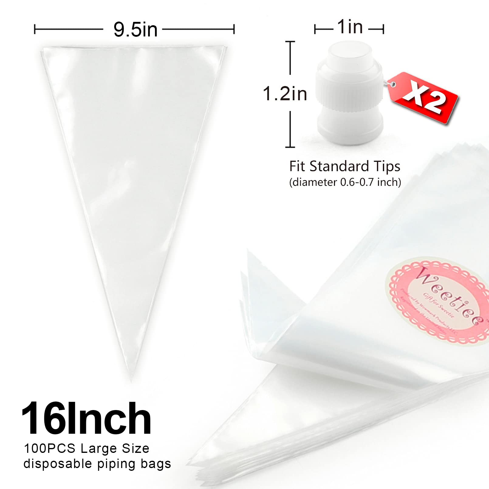 Weetiee Pastry Piping Bags -100 Pack-16-Inch Disposable Cake Decorating Bags Anti-Burst Cupcake Icing Bags For All Size Tips Cou