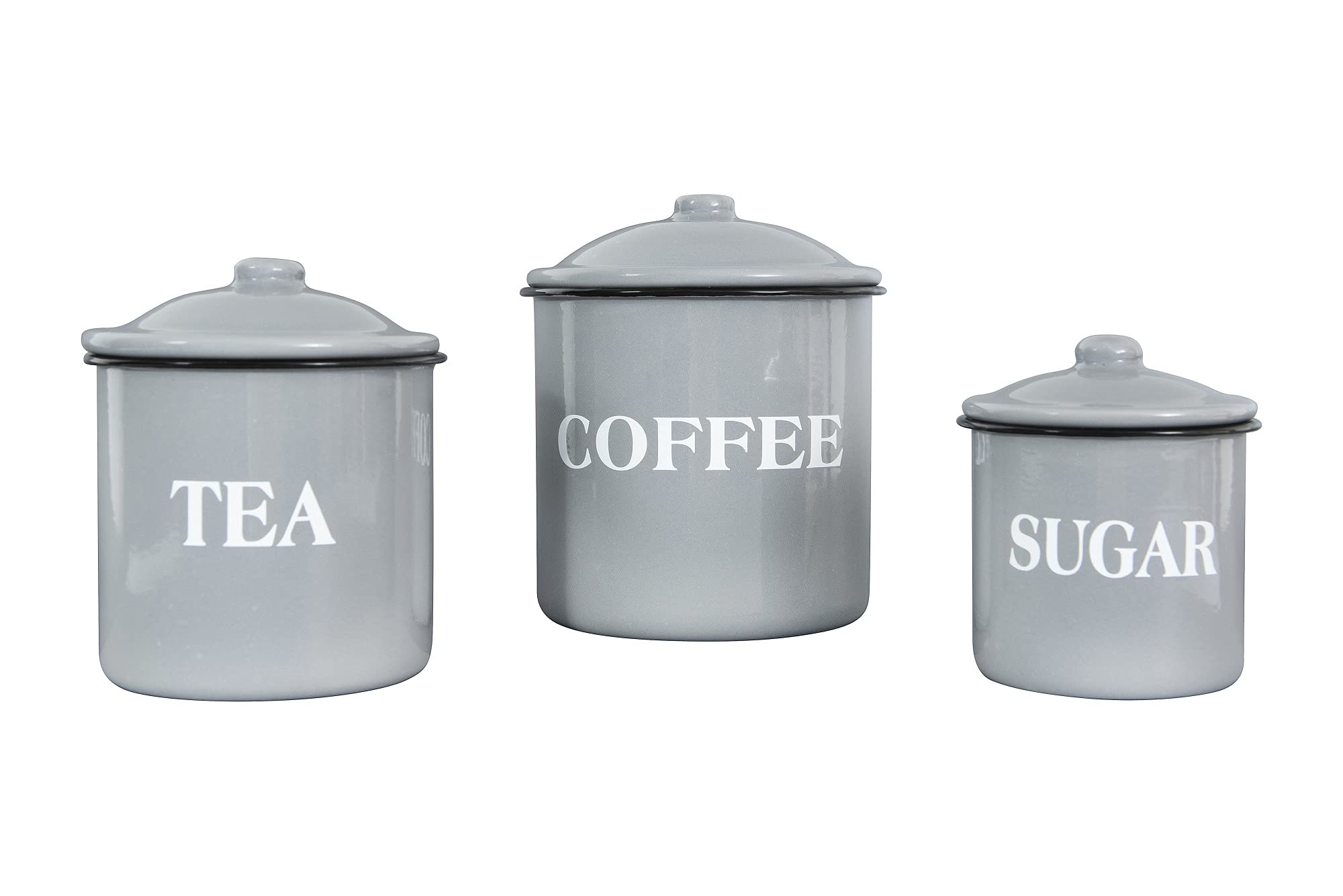Creative Co-Op Metal Containers With Lids, ''Coffee'', ''Tea'', ''Sugar'' (Set Of 3 Sizes/Designs),Grey