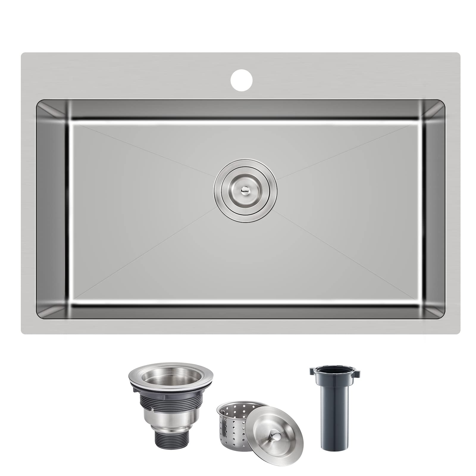 Popfly 28  20 Inch Drop In Sus 304 Kitchen Sink, Top Mount Stainless Steel 9 Inch Deep Single Bowl Kitchen Sinks, Brushed Nickel