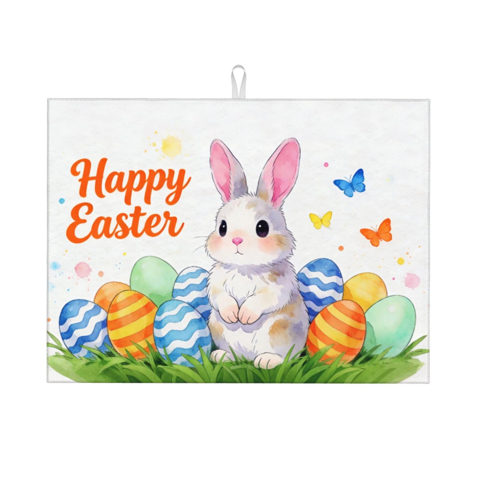 Easter Bunny Dish Drying Mat, for Kitchen Counter Microfiber Absorbent Easter Eggs Dish Draining Reusable Washable Extra Large 1
