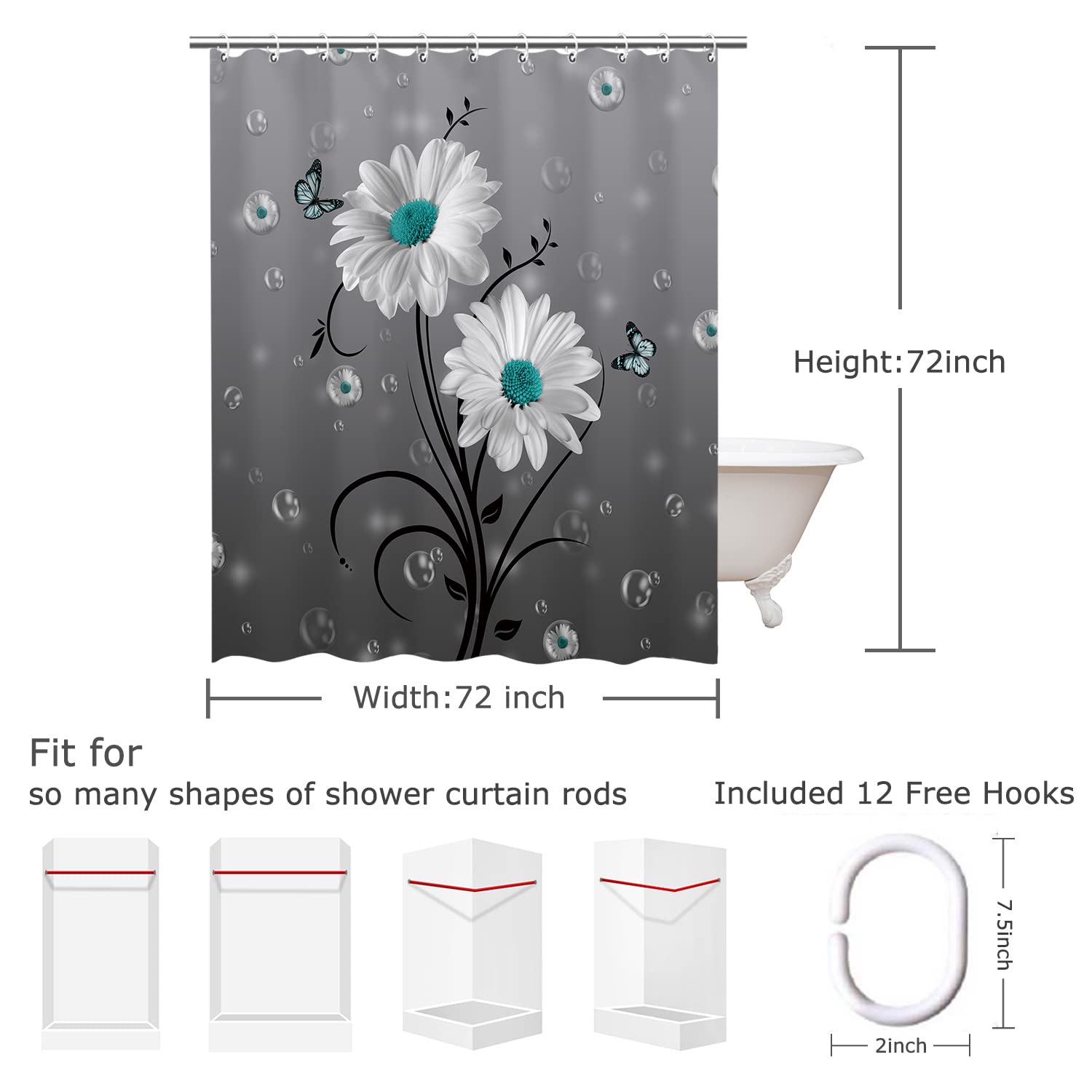 Rosielily Daisy Shower Curtain Floral Shower Curtain Gray Shower Curtain White Floral Butterfly Shower Curtain For Bathroom Rust