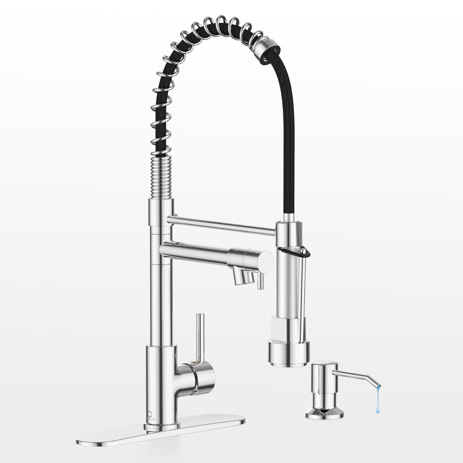 Casavilla Kitchen Faucet with Soap Dispenser, Kitchen Faucet with Deck Plate and Dual Function Spray Head, Chrome Faucet for Cam