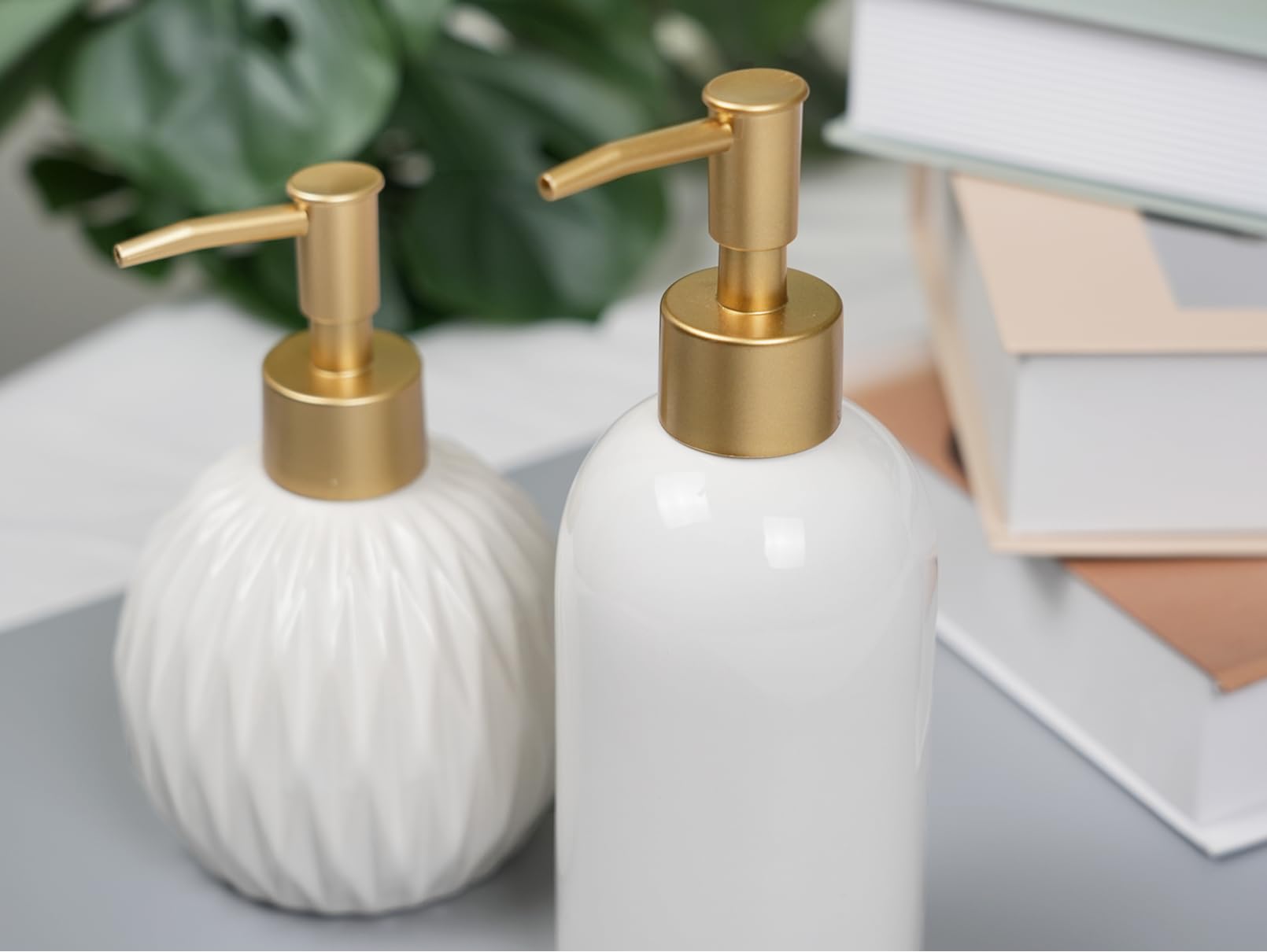 Ceramic Soap Dispenser White With Gold Pump,Simple Design Cylindrical Lotion Dispenser Bottle,Refillable Liquid Hand Soap Dispen