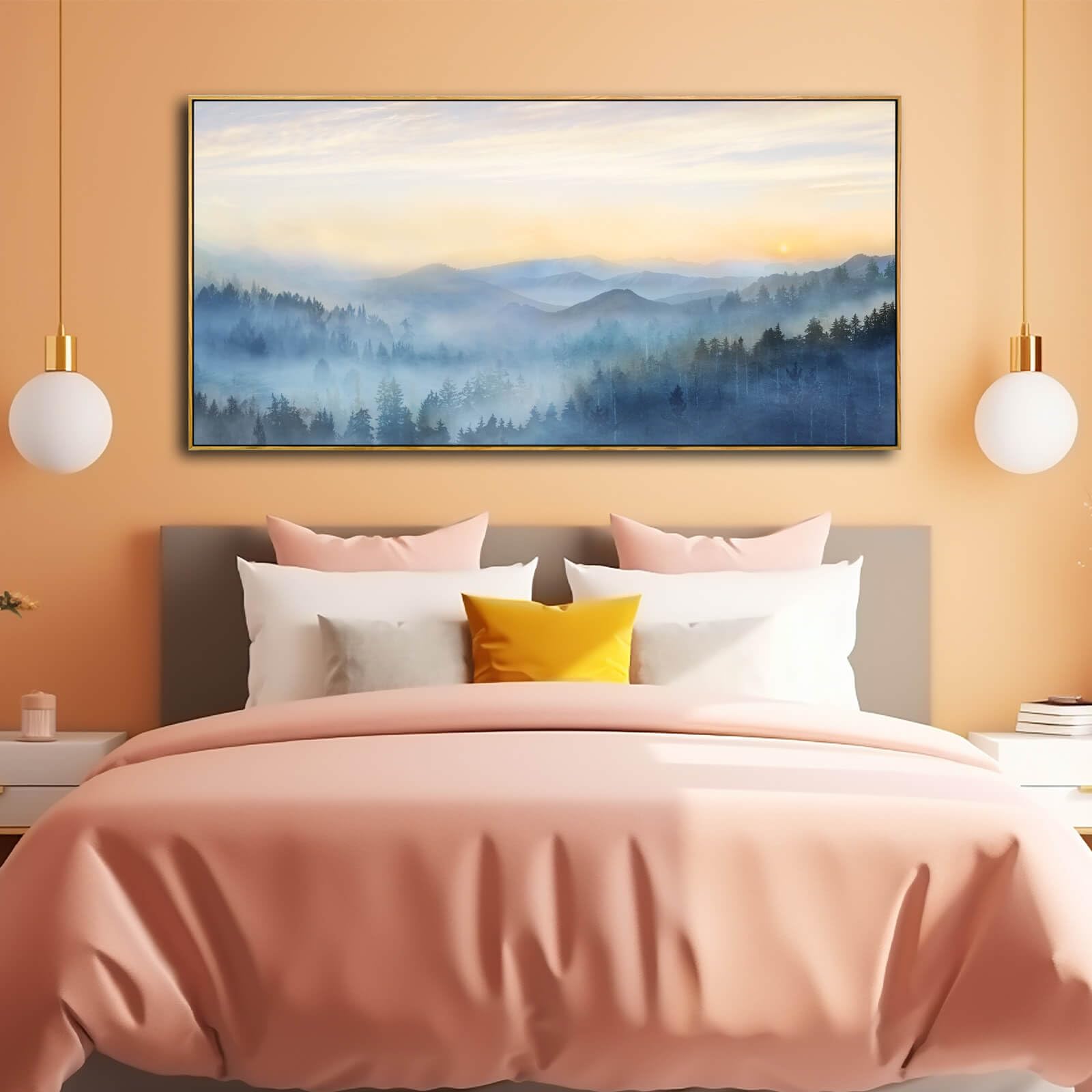 Yjyart Canvas Wall Art Misty Forest Gold Wall Decor Nature Painting Modern Artwork For Bedroom Kitchen Office Wall Decorations 2