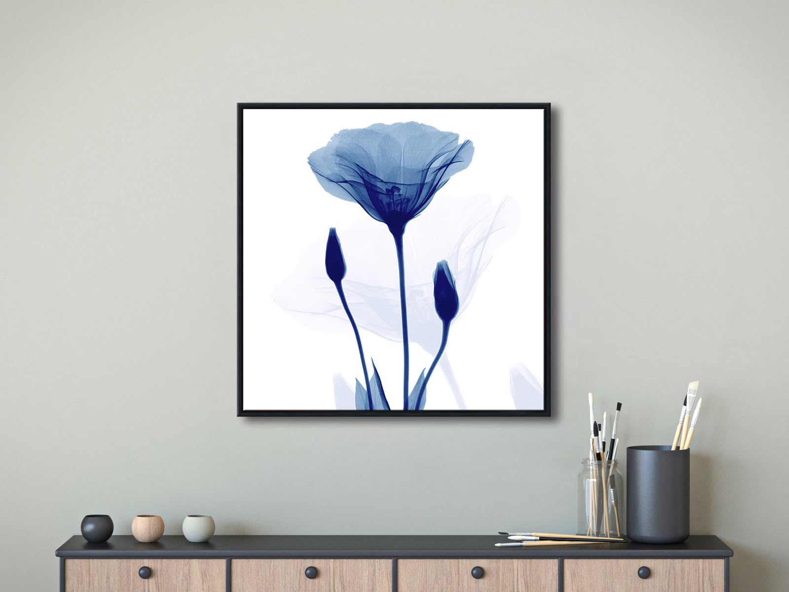 Pyradecor Large Black Framed Abstract Blue Flickering Flower Modern Paintings Canvas Wall Art Grace Floral Pictures On Canvas Pr