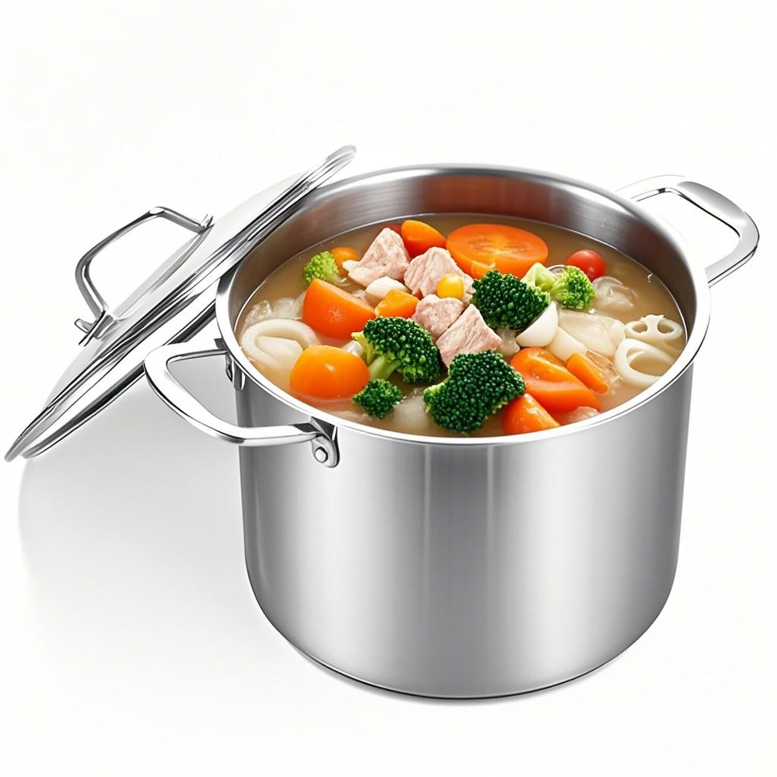 Moutius 20-Qt Stock Pot With Lid, Stainless Steel For High Heat, Crock For Simmering, Tri-Ply Bottom, Clear Glass Lid, Double Ha