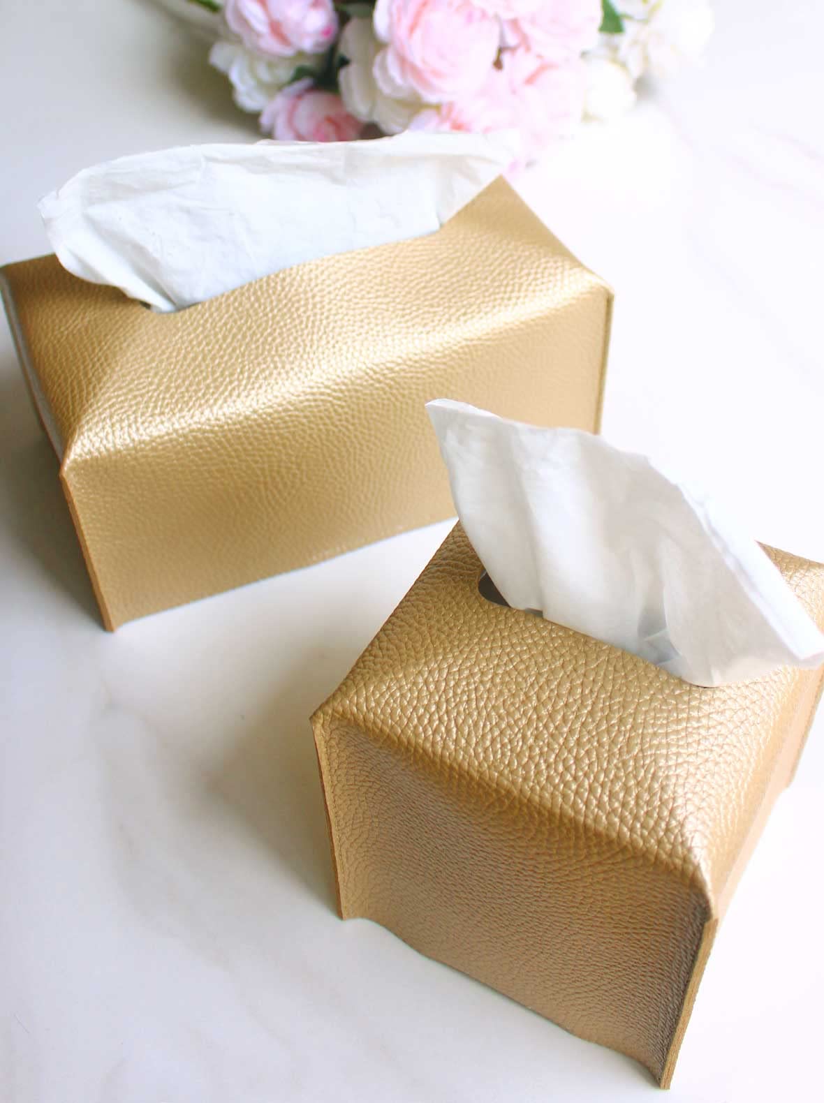 Gold Tissue Box Cover Rectangular - With Bottom Belt [Jesmini] Modern Pu Leather Long Rectangle Tissue Box Cover Decorative For