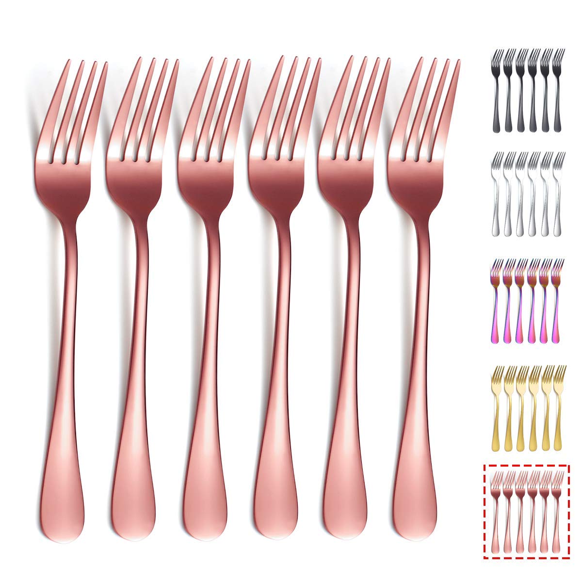 Kyraton Rose Gold Dinner Fork 6 Pieces, Stainless Steel 8.17 Inch Forks Rose Gold Titanium Plating Silverware, Copper Forks Set