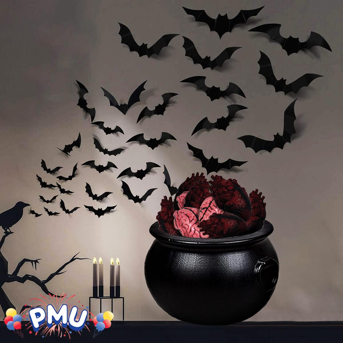PMU Halloween Cauldron 12 Inch,Witch Plastic Cauldron Candy bowl Black, For Halloween Decor Pkg/1