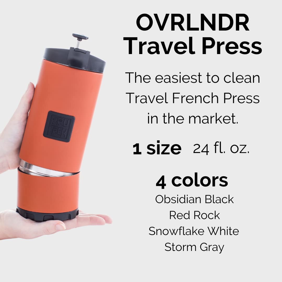Brutrek Ovrlndr Travel Coffee French Press, 24 Fl.Oz Capacity, Double Wall Vacuum Insulated, Easy To Clean Removable Bottom, No