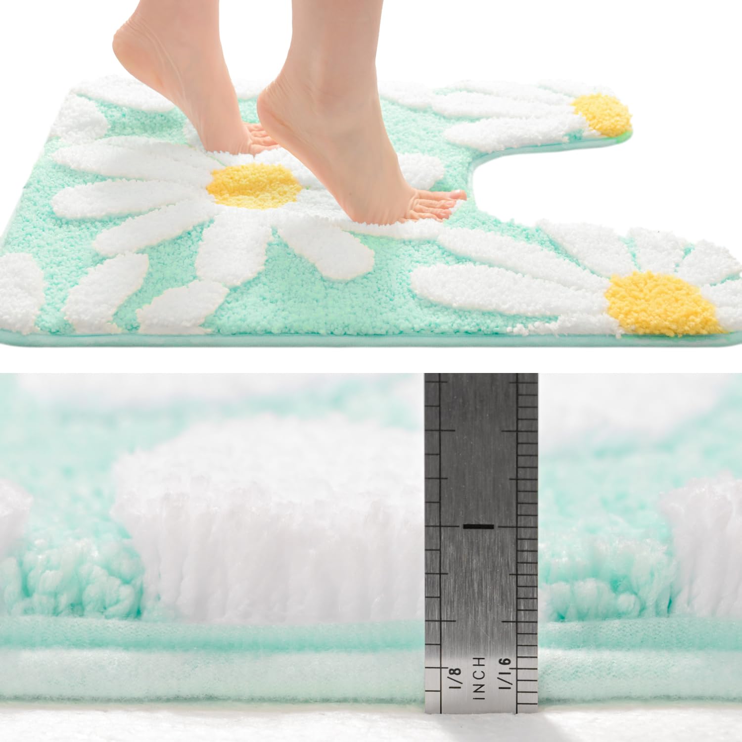 Qjhomo Bathroom Rugs Set 2 Piece, Cute Daisy Bath Mat Green Toilet Rug U Shaped, Flower Deocr Bathroom Set Non Slip Contour Bath
