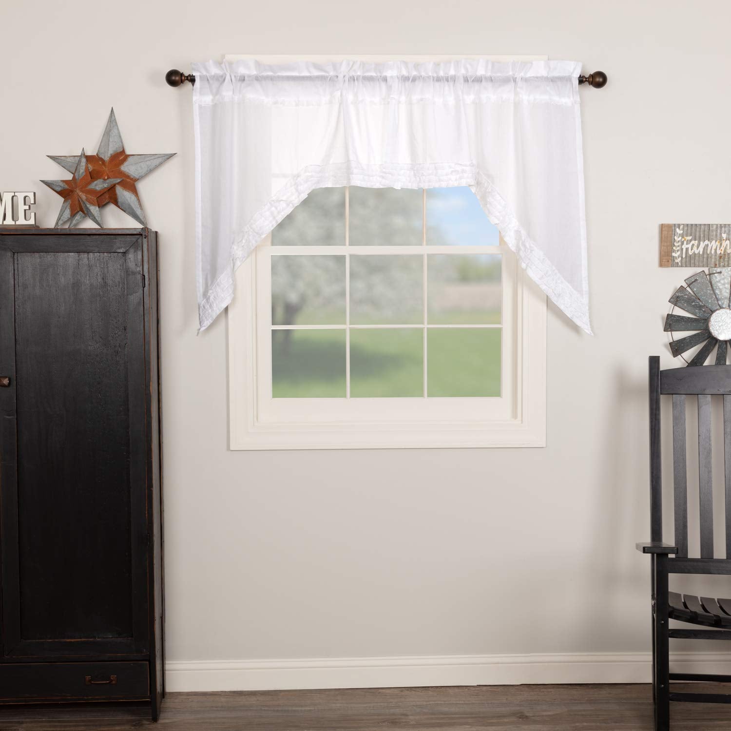 VHC Brands Sheer Solid Color Cotton Farmhouse Kitchen Curtains Rod Pocket Ruffling Swag Pair, Soft White