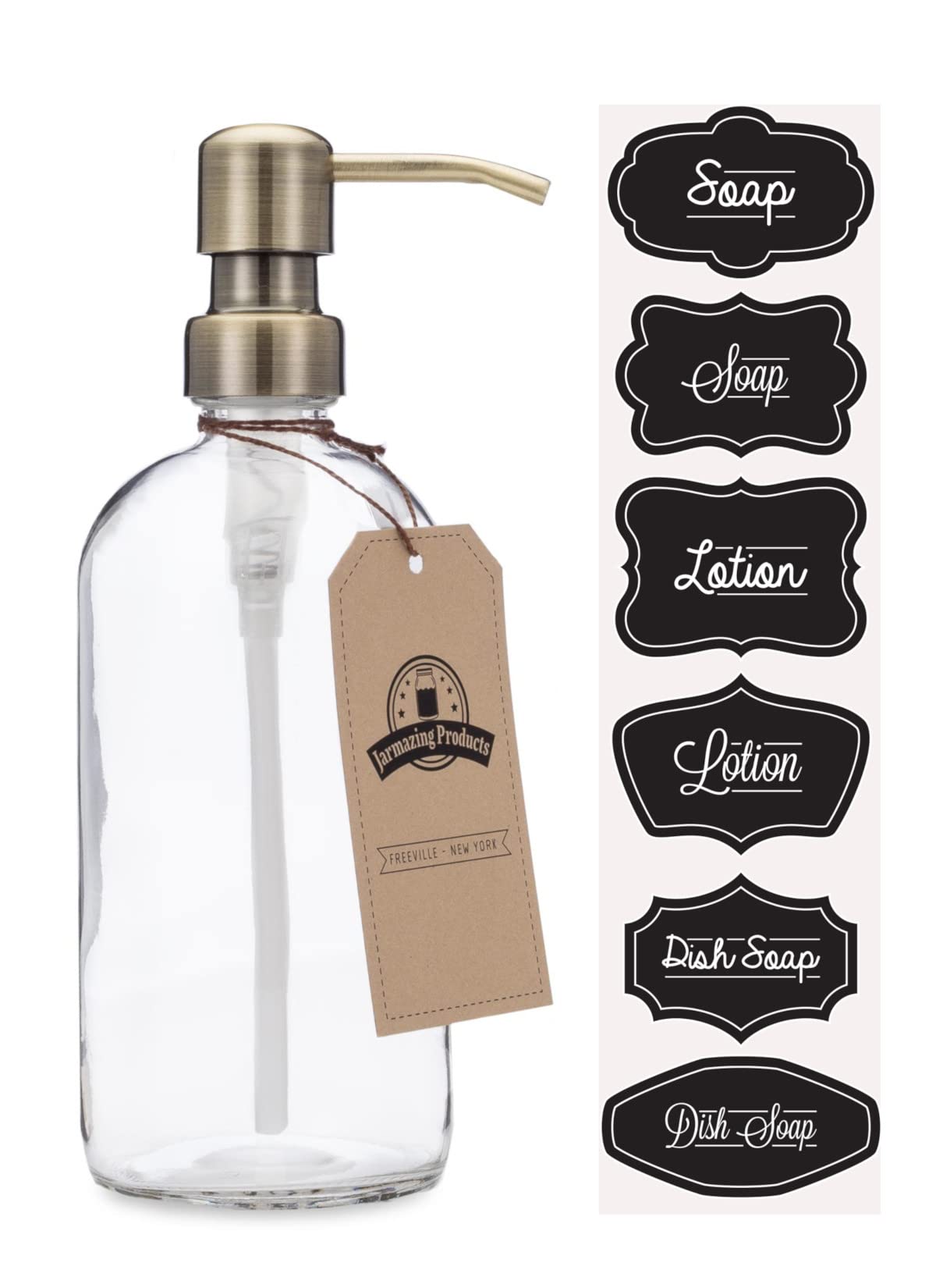 Jarmazing Products Clear Glass Pint Jar Soap and Lotion Dispenser with Metal Pump (Brass)