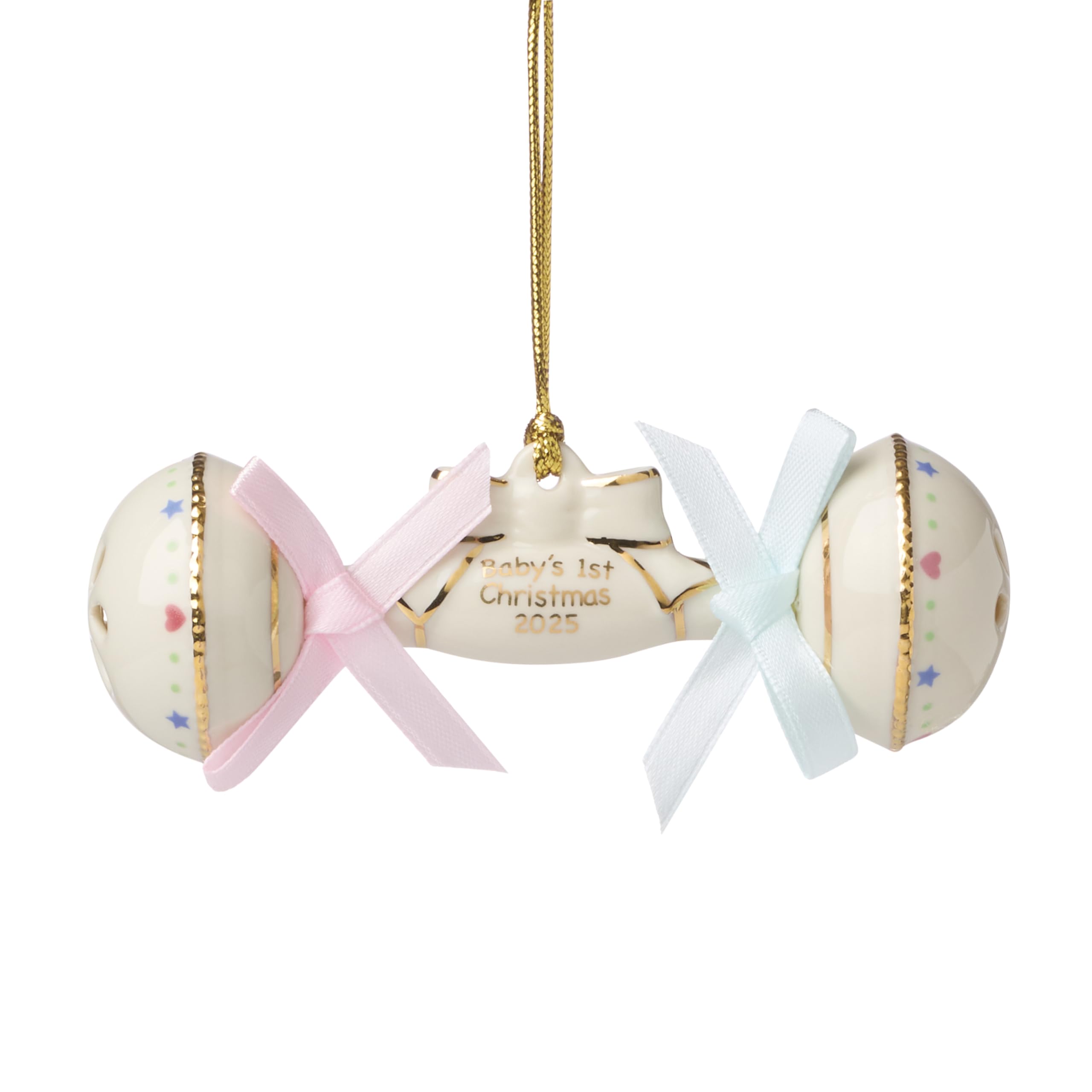 Lenox Ornament, 2025 Babys 1st Christmas Rattle Ornament, Porcelain with Gold Accents and Hanging Cord, Christmas Decorations, B