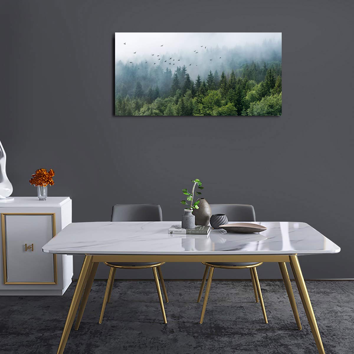 Green Forest Wall Art Tropical Forest Mountain Bird Contemporary Canvas Pictures Modern Artwork Framed For Bathroom Bedroom Nurs