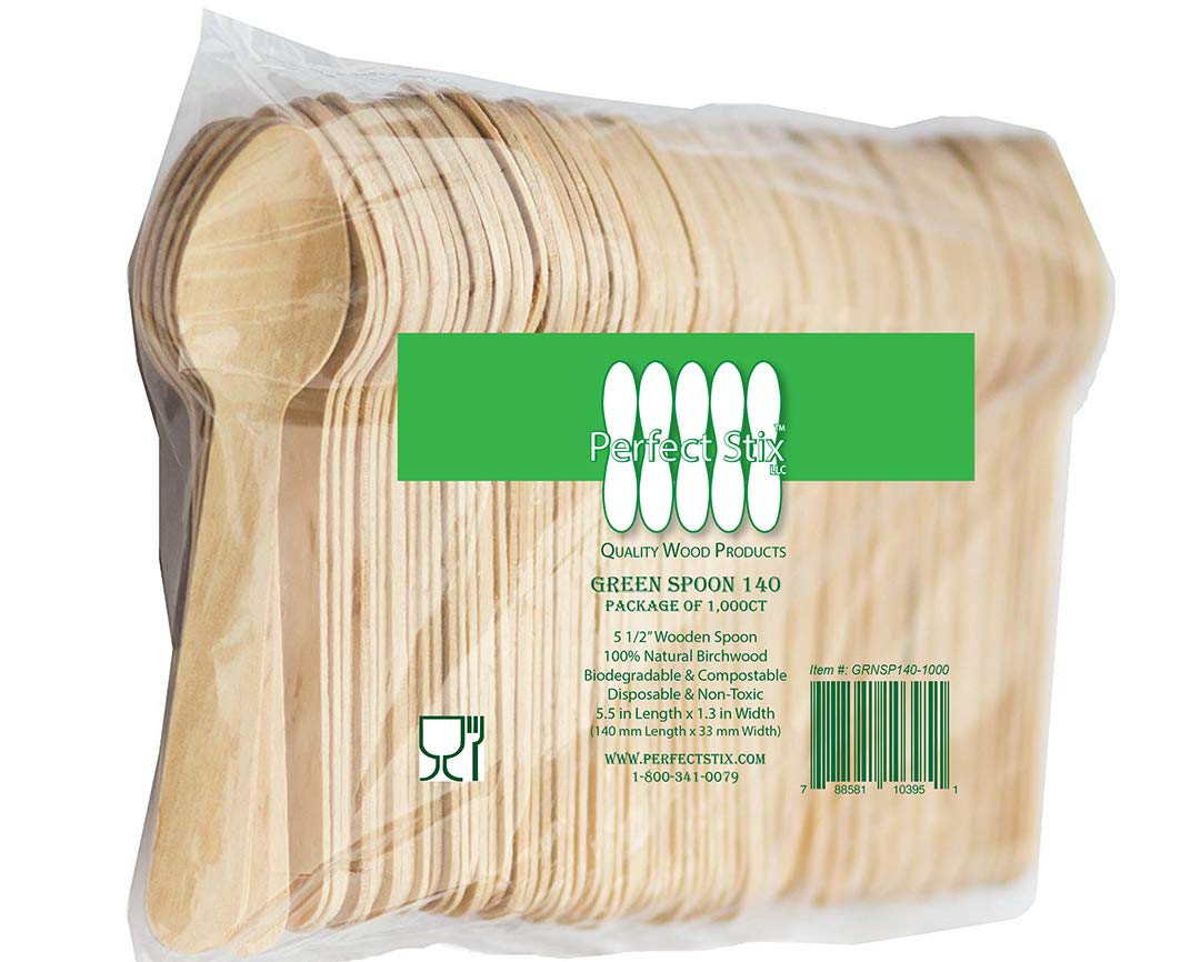 Perfect Stix - Green Spoon 140-1000 Wooden Compostable Cutlery Spoon, 5-1/2'' Length , 1000 Count (Pack Of 1)