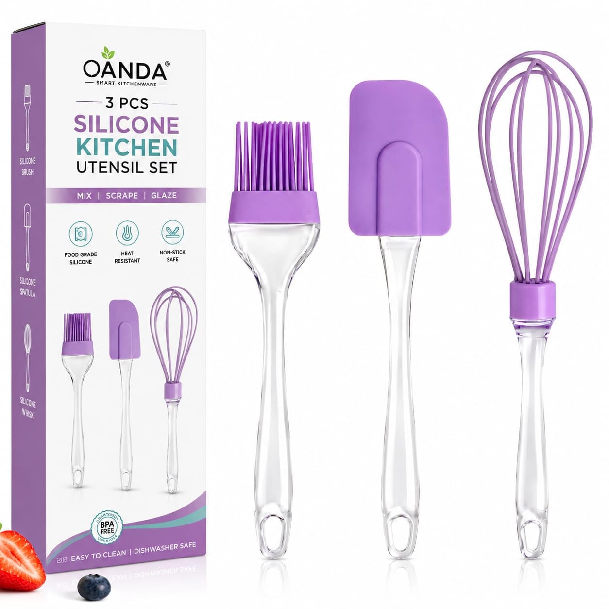 Oanda 3 Pcs Silicone Kitchen Utensil Set | Spatula, Oil Brush & Whisk | Heat Resistant | NonStick Cooking, Baking & Mixing Tool