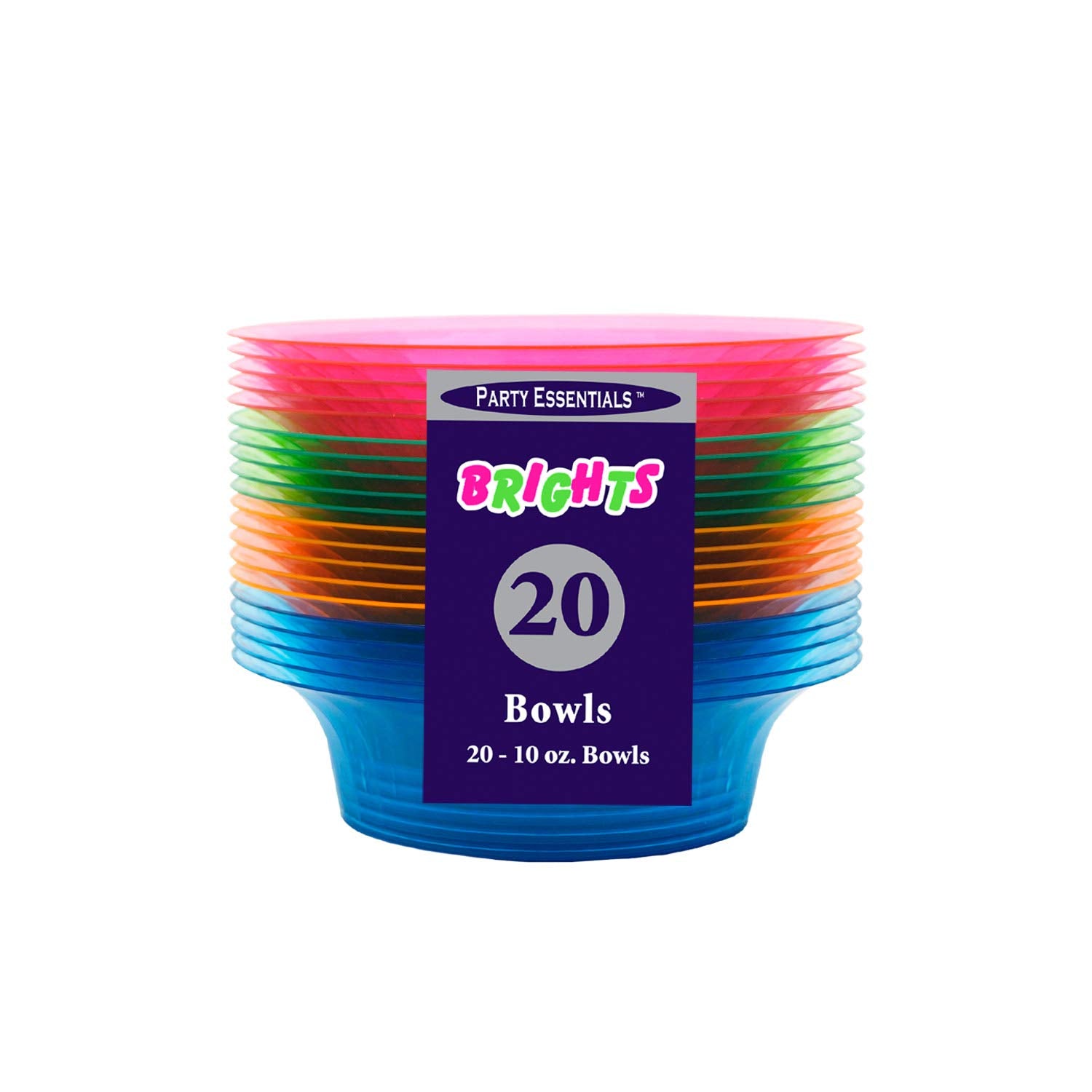 Party Essentials Salad/Snack Bowls, Hard Plastic, 10 Oz, Assorted Neon