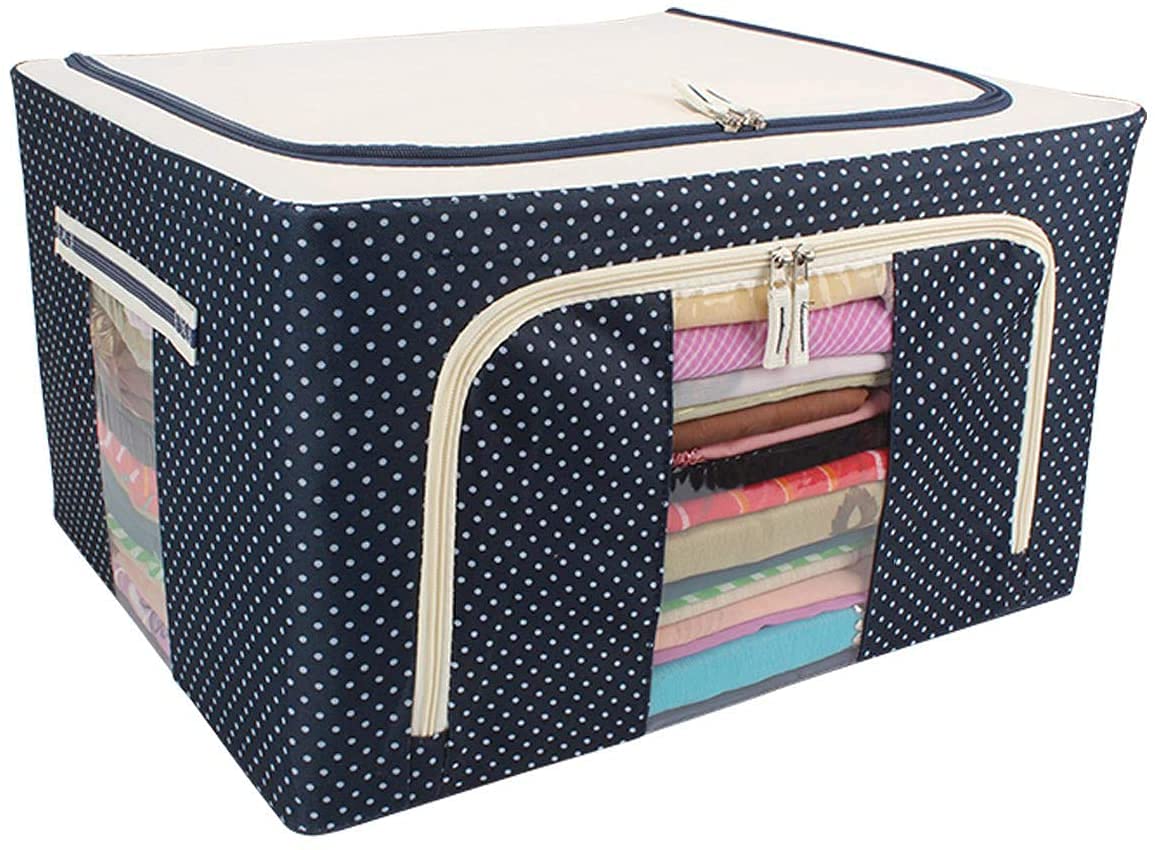Aagna Closet Organizer Cloth Storage Boxes For Wardrobe Polka Large Clear Window & Carry Handles For Bedding, Clothes, Closets, 