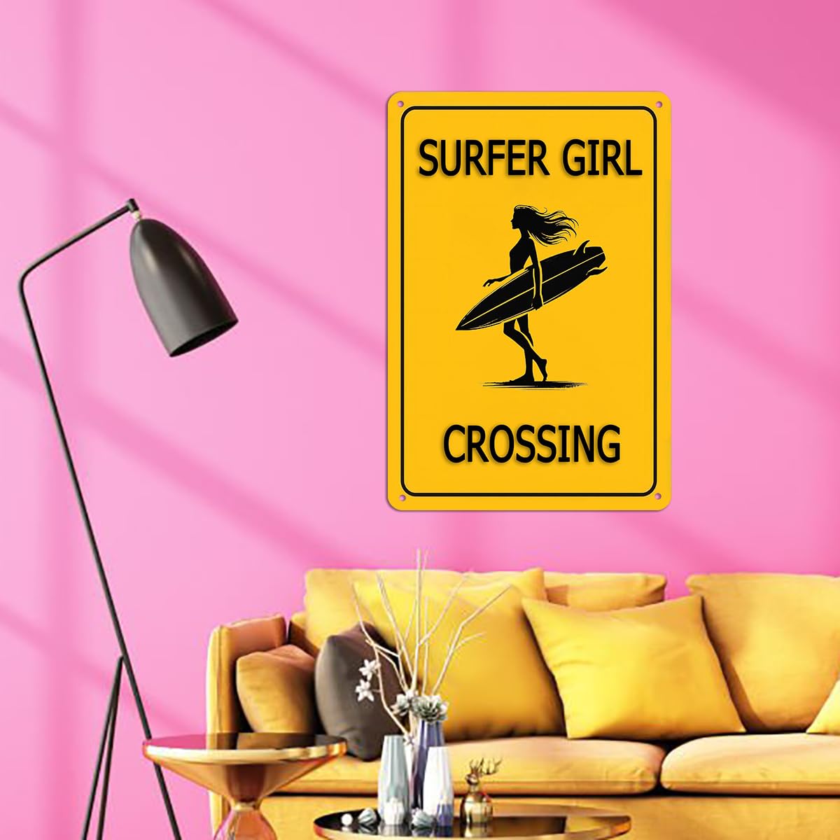 Surfer Girl Crossing Metal Sign - Surfboard Wall Art for Beach Room Decor, Surfer Gifts for Women and Teen Girls, Cool Surfing R