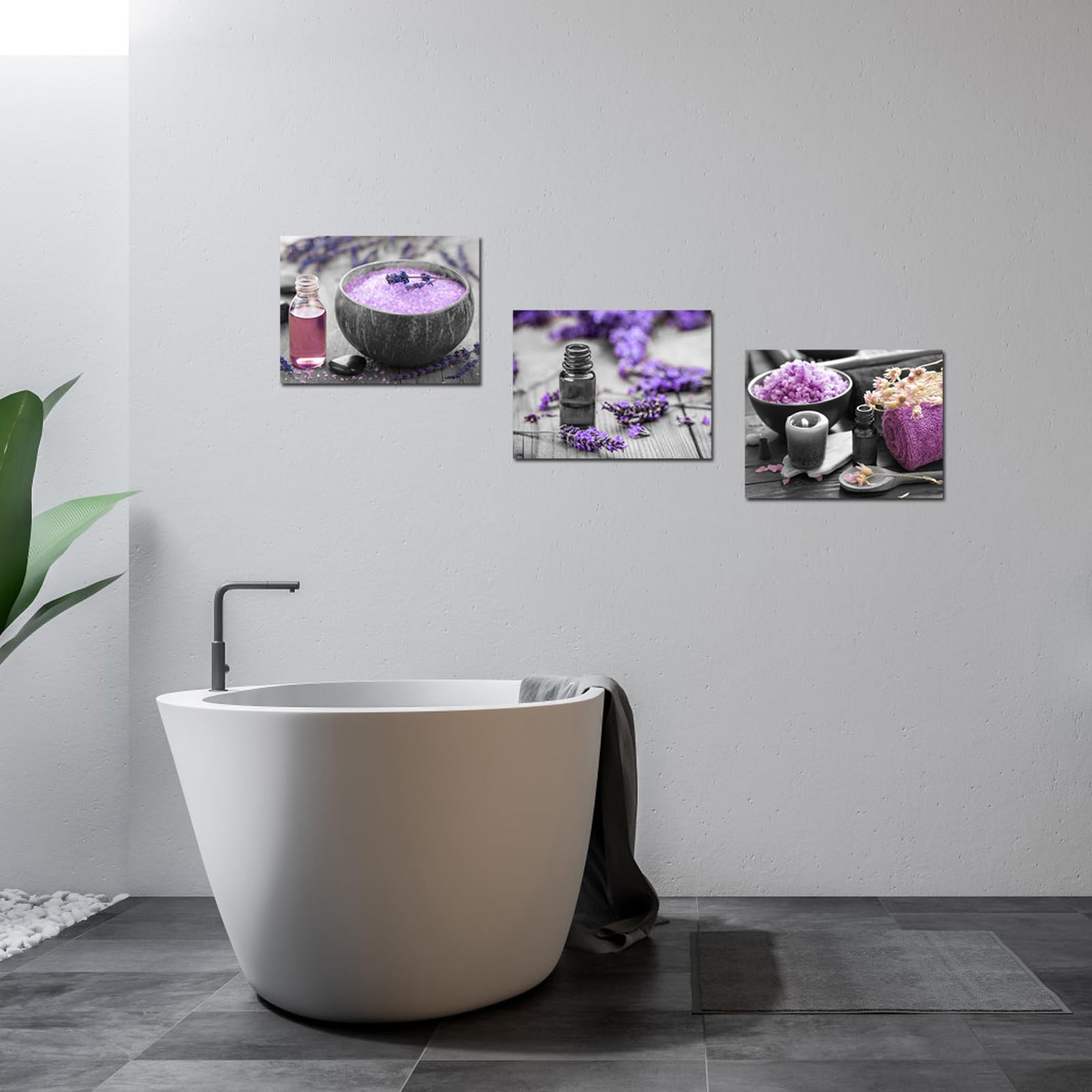 LevvArts 3 Piece Canvas Wall Art for Bathroom Wall Decor Purple Lavender Flower and Spa Salt Picture Painting Print on Canvas Zen Still Life Artwork Stretched Canvas Ready to Hang 12x16inchesx3pcs