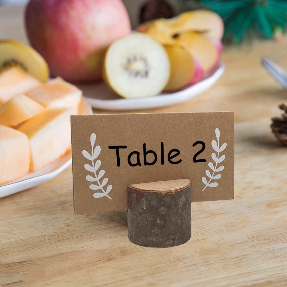 Wettin 24Pcs Rustic Wood Place Card Holders And 30Pcs Kraft Table Name Place Cards, Wood Table Number Holders, Wooden Photo Hold