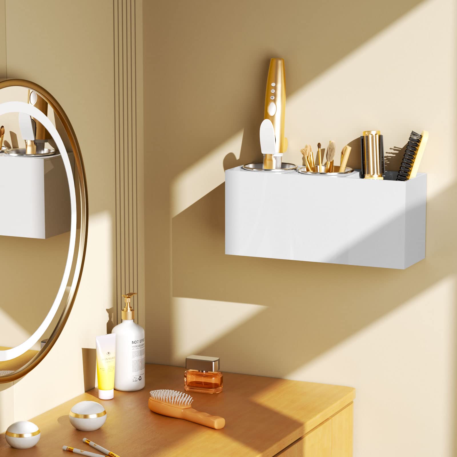 Niubee Wall Mount Hair Styling Tool Organizer - Bathroom Cabinet Holder For Blow Dryers, Flat Irons, Curling Irons - White