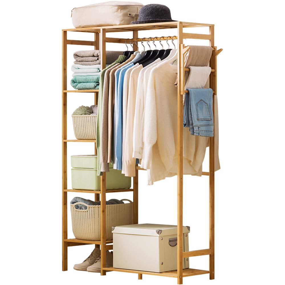 Ufine Bamboo Garment Rack 6 Tier Storage Shelves Clothes Hanging Rack With Side Hooks, Heavy Duty Clothing Rack Portable Wardrob