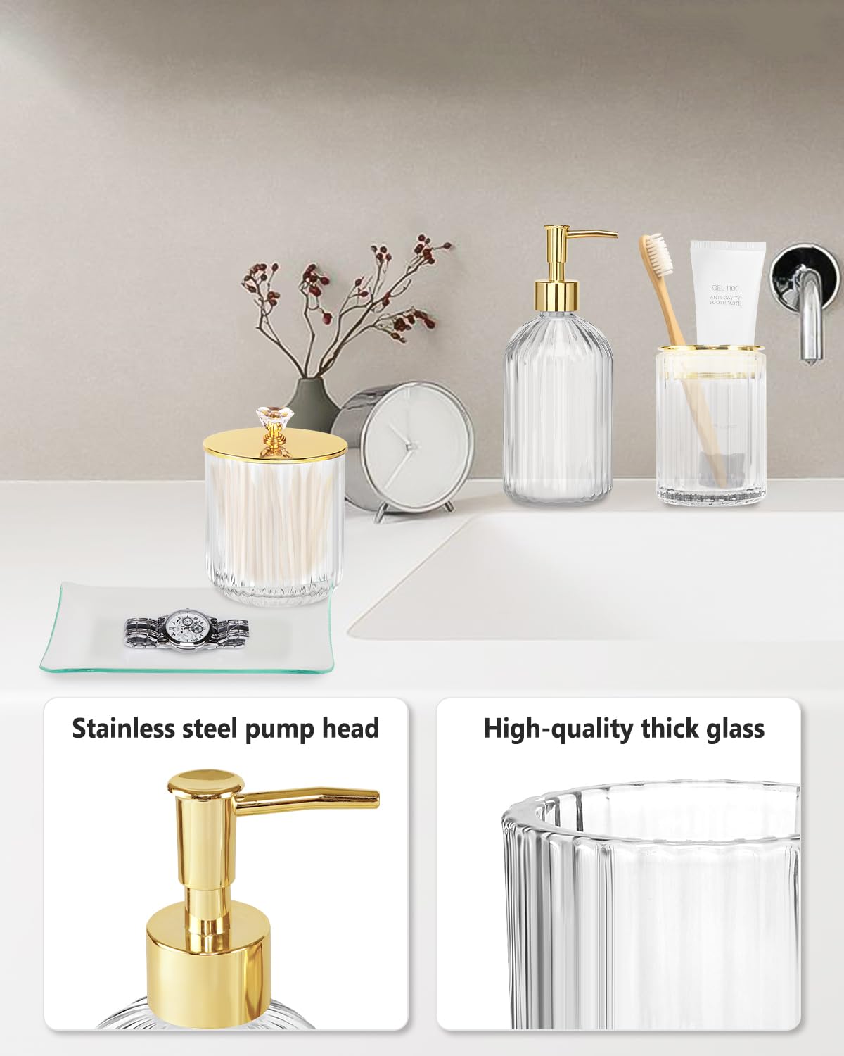 Gold Bathroom Accessories Set, 4Pcs Clear Glass Bathroom Accessory Sets Complete Of Soap Dispenser, Toothbrush Holder, Apothecar
