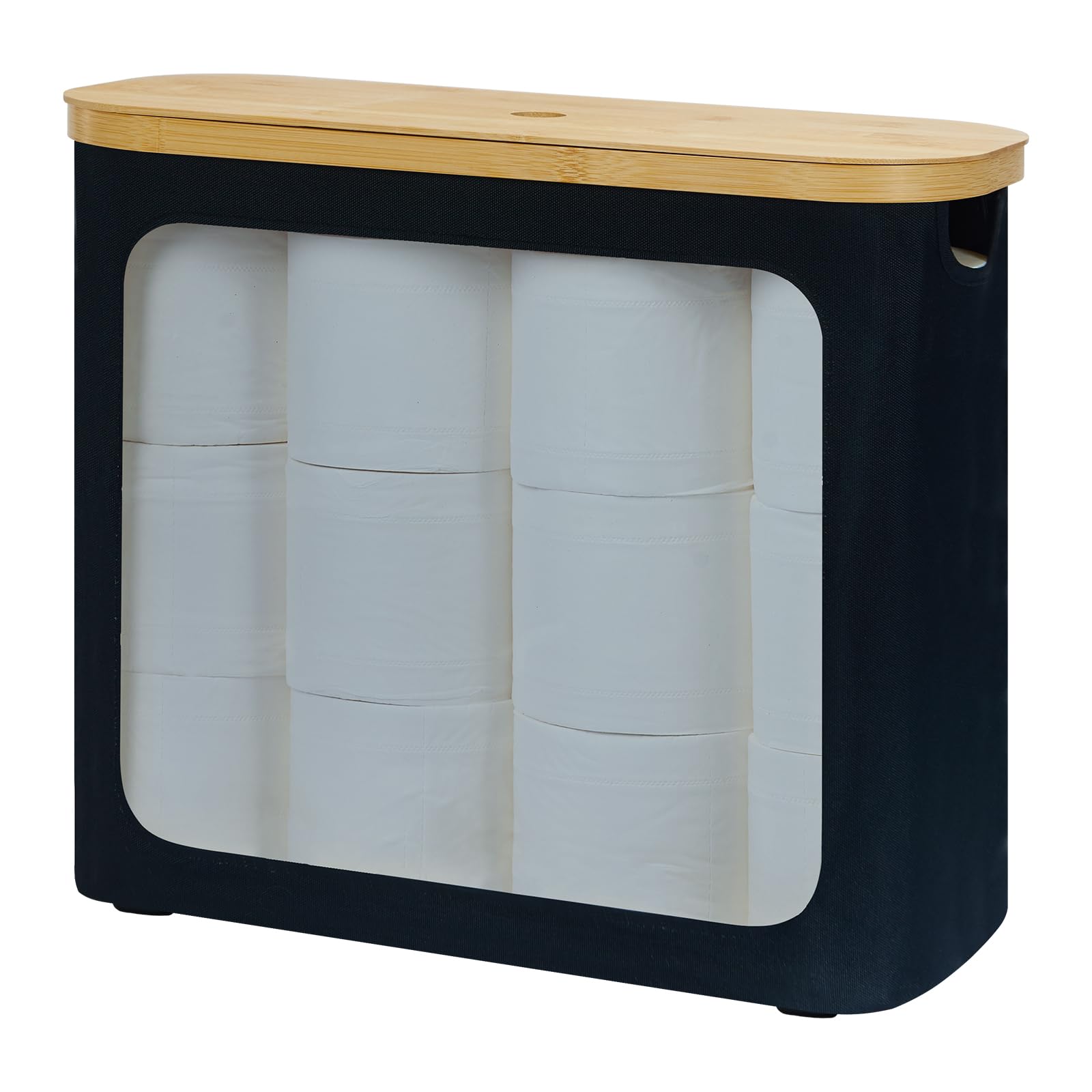 ROSOS Toilet Paper Storage for 12 Rolls, Toilet Paper Basket with Lid, Bathroom Storage Organizer with Bamboo Lid, Black