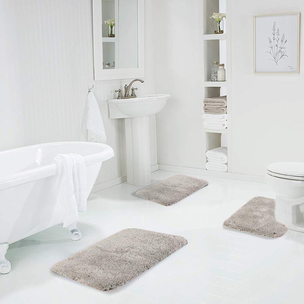 Walensee Shaggy 2 Piece Bath Rug Sets (Light Tan) 20 X 24 U Shape Contour Rug & 20 X 32 Bathroom Rug Machine Wash/Dry Bath Mats