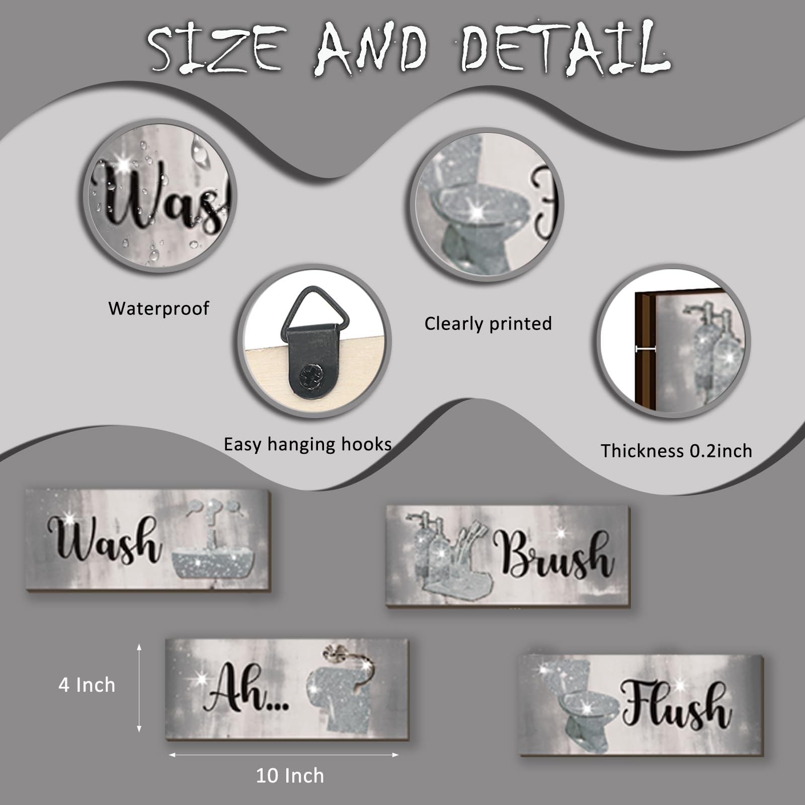 FENCORDAR 4 Pcs Silver Bathroom Decor Abstract Grey Black White Wall Decor Wooden Silver Bathroom Accessories Modern Funny Glitt