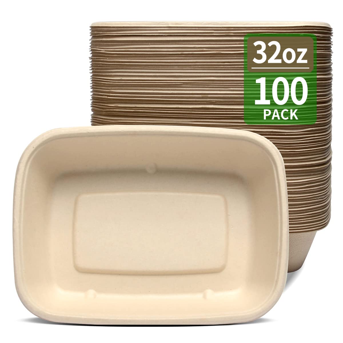 Bloomoon 100 Pack 32 Oz Large Rectangle Paper Bowls For Taco Salad, Burrito, Nacho, Pasta, Baked Potatos, Compostable 32Oz Dispo