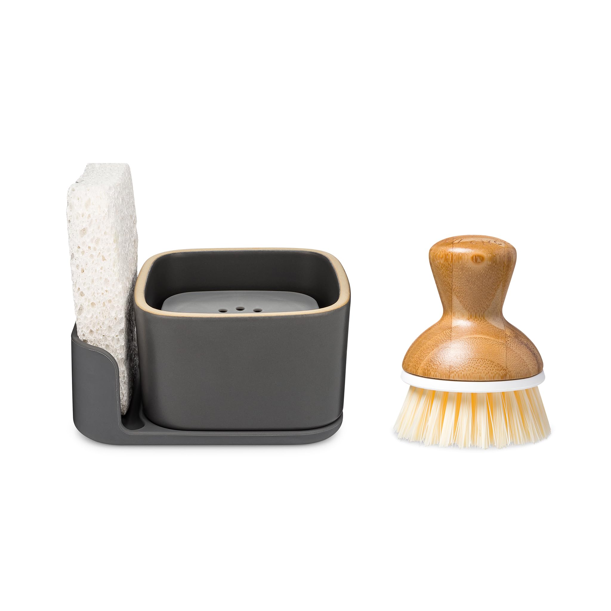 Full Circle Bubble Up Combo - Elegant Gray Ceramic Soap Dish With Eco Sponge & Bamboo-Handled Dish Brush - Versatile Natural Kit