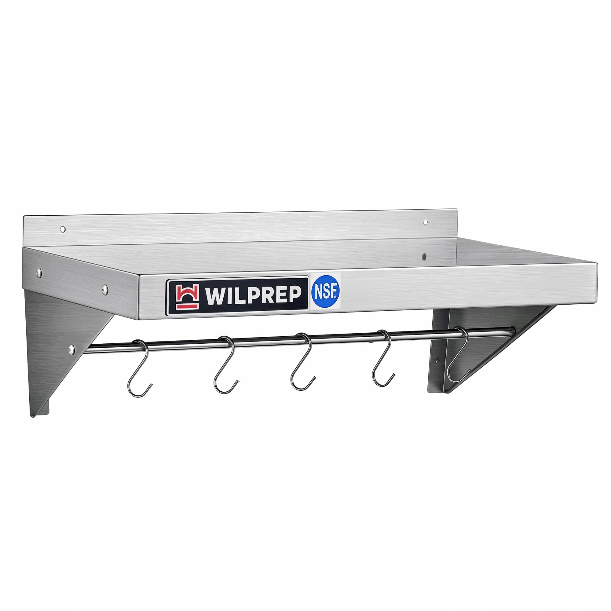 Wilprep NSF Stainless Steel Wall Mount Shelf, 12 x 24 Inch Commercial Kitchen Shelf with 10 Hooks & Brackets, 220lb Heavy Duty M