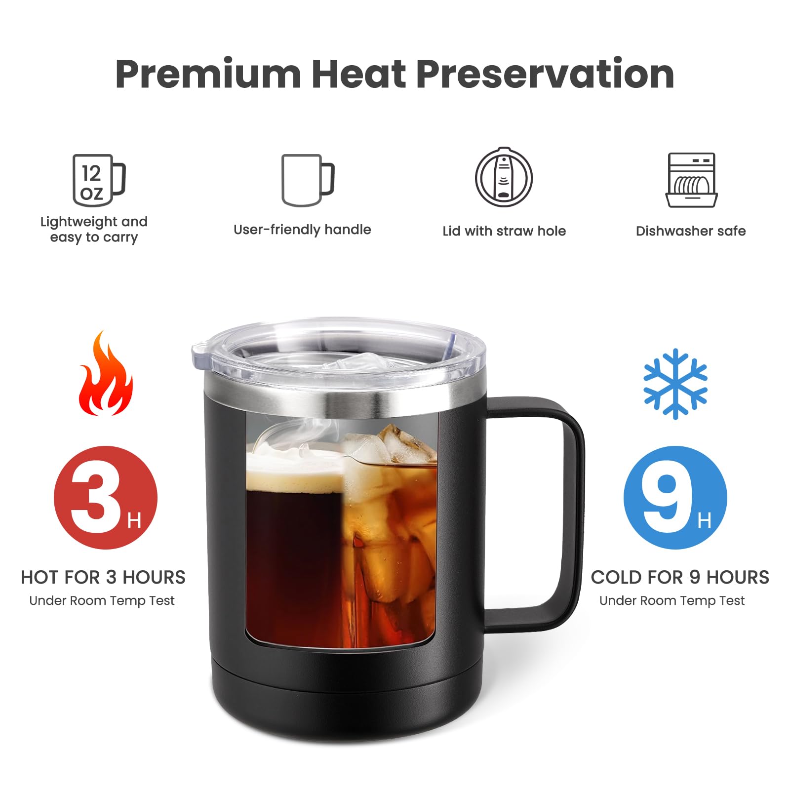 Meway 12Oz Coffee Mug With Handle And Sliding Lid,Stainless Steel Travel Tumbler Cup With Handle,Double Wall Vacuum Insulated Ca