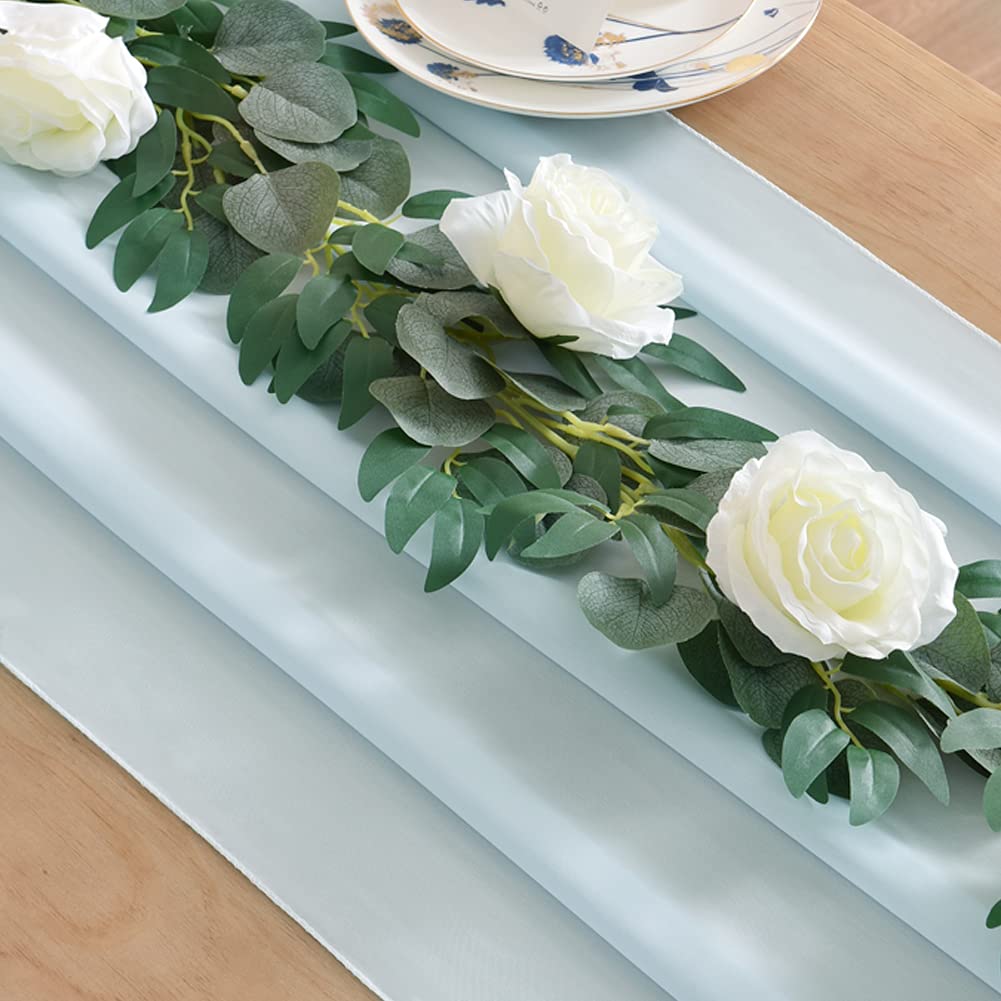 Socomi 14Ft Baby Blue Chiffon Table Runner 29X170 Inches Sheer Wedding Runner Romantic Rustic Table Runner For Easter Thanksgivi