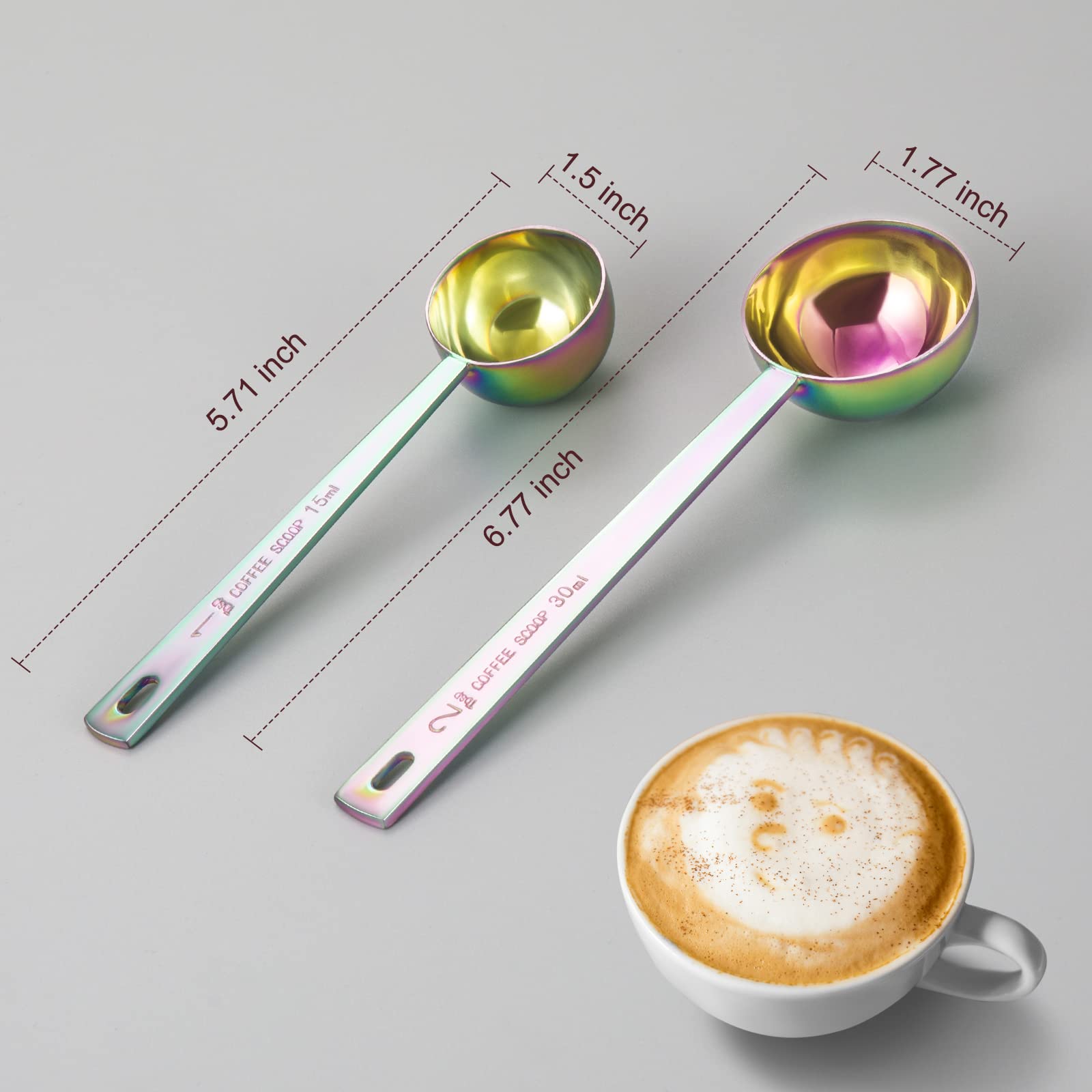 Premium coffee scoop set  set of 2  Metal stainless steel long handle coffee scoop  measuring coffee spoons contains 1 tablespoon (15 ml) and 2 tablespoons (30 ml) multicolor spoon.