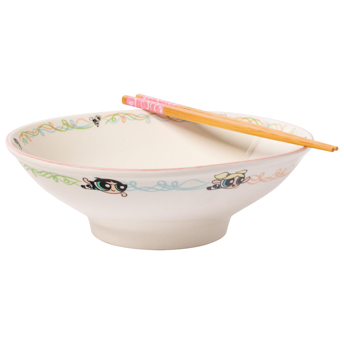 Silver Buffalo The Powerpuff Girls Featuring Bubbles, Blossom, And Buttercup Ceramic Ramen Noodle Rice Bowl With Chopsticks, Mic