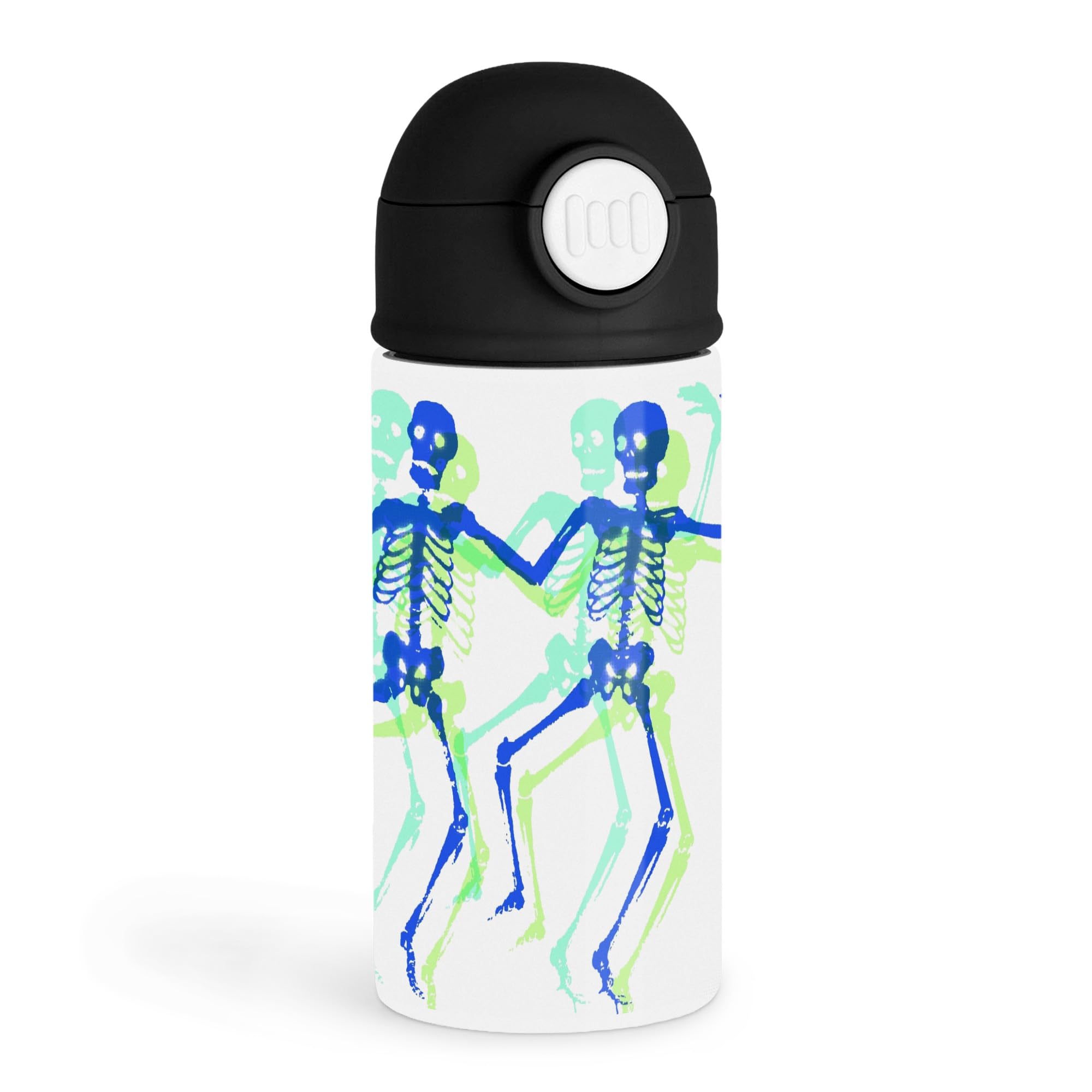 3dRose Funny Kids 12oz Kids Black Bottle  Colorful dancing blue skeletons on white background  Halloween Party, Everyday Hydra