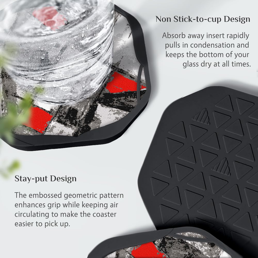 Umirro Cool Modern Absorbent Drink Coasters For Coffee Table, Black And Red, 4'', Set Of 4