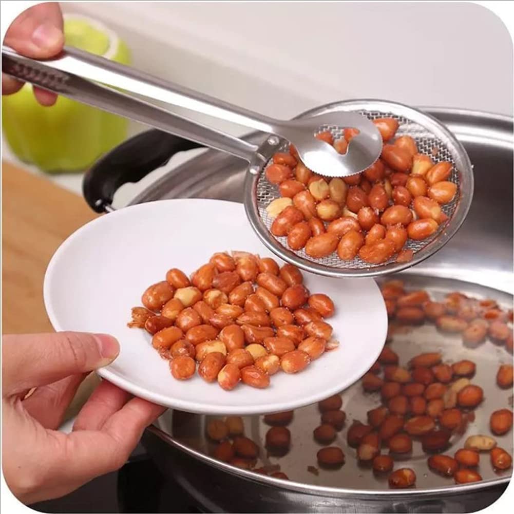 1Pc 2 In 1 Stainless Steel Fine Mesh Strainer Oil-Frying Filter Spoon Food Clip Snack Fryer Strainer Multi-Functional Clip Skimm