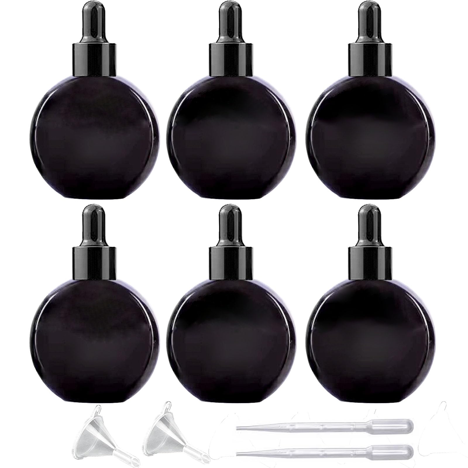 Pyawi 6Pcs, 2 Oz Black Glass Dropper Bottles For Essential Oils ,60Ml Flat Round Perfume Bottle With Eye Droppers, For Essential