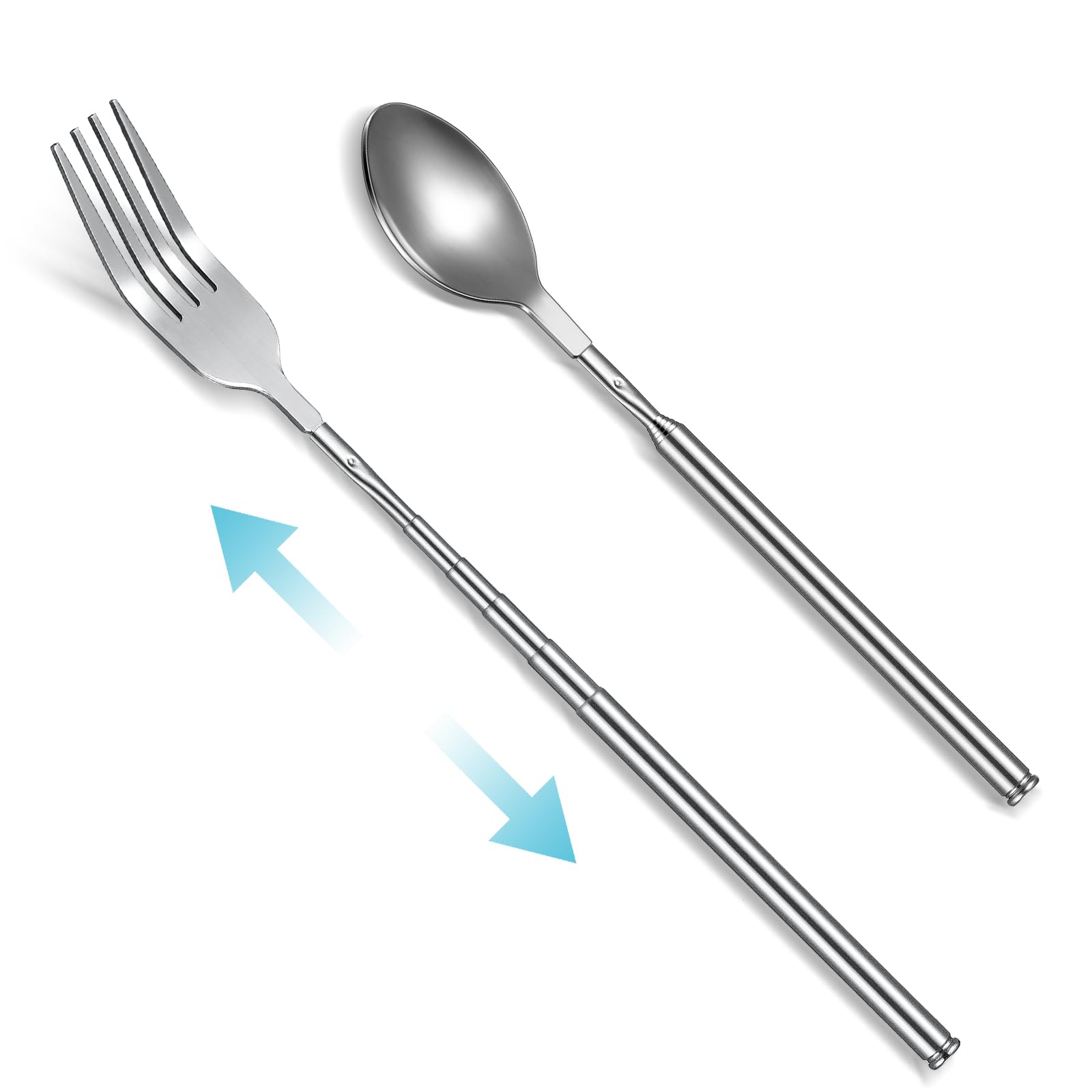 Geetery 2 Pcs Extendable Fork Spoon Set Retractable Extend to 25 Inch Telescopic Spoon Long Telescoping Fork Stainless Steel Din