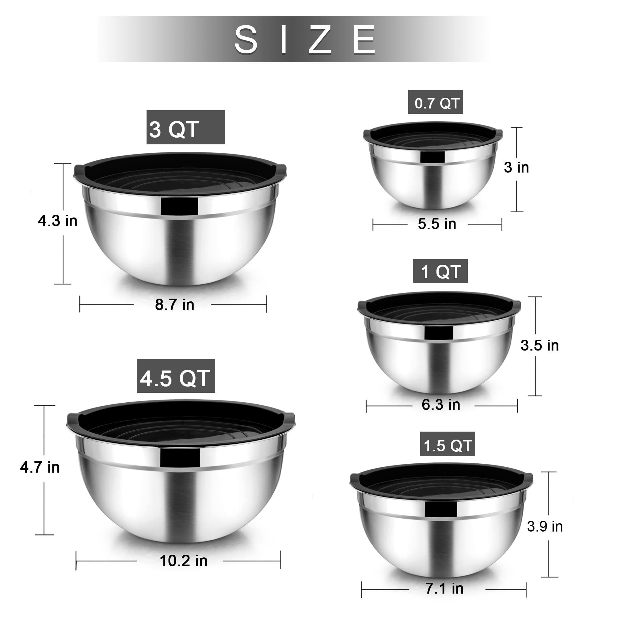 Teamfar Mixing Bowl Set Of 5, 4.5/3/1.5/1/0.7 Qt, Stainless Steel Metal Nesting Salad Bowl With Lid Set, Ideal For Mixing Servin