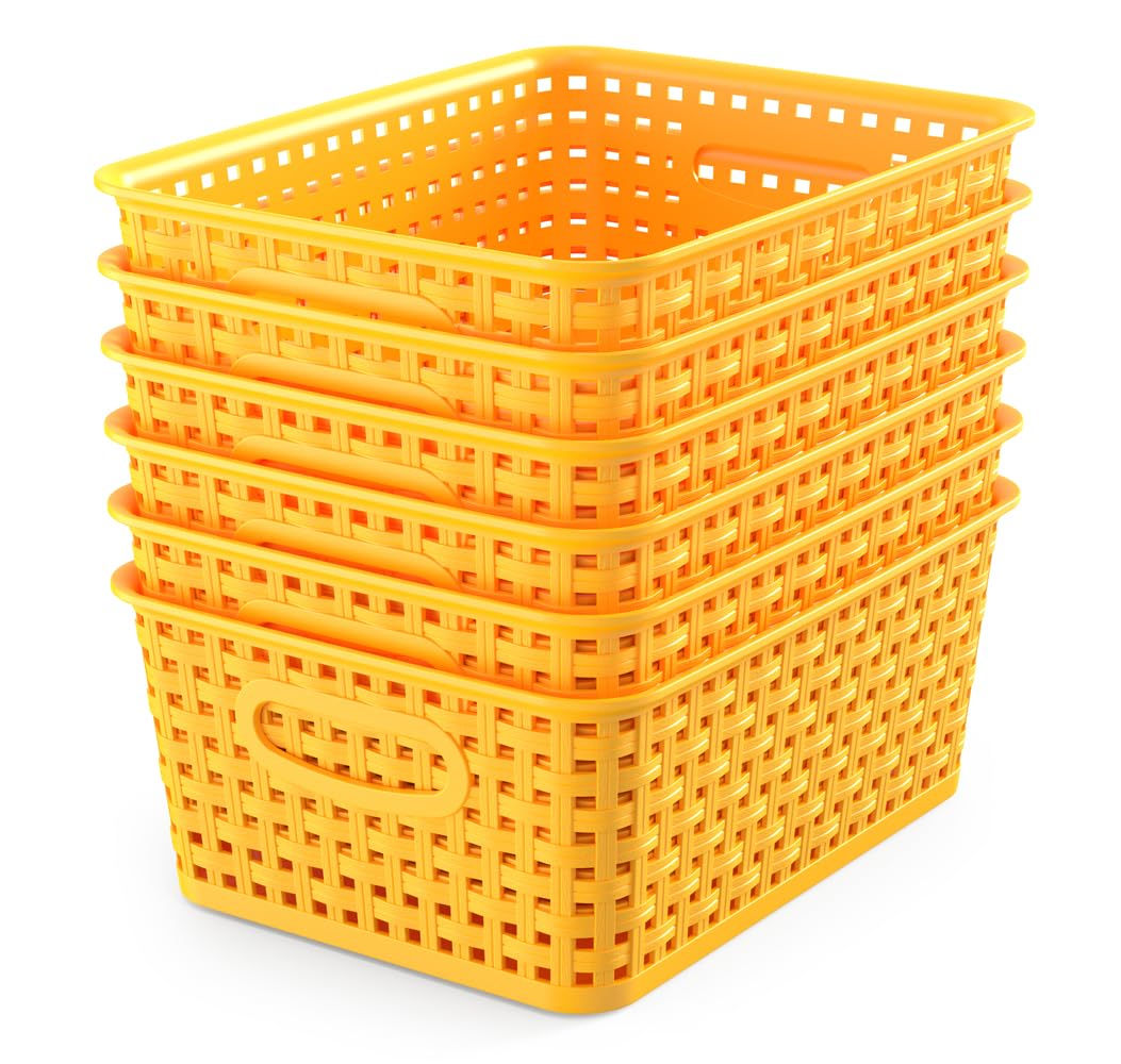 Wyt 6-Pack Plastic Small Shelf Storage Weave Baskets Organizing For Cabinets And Pantries, Yellow