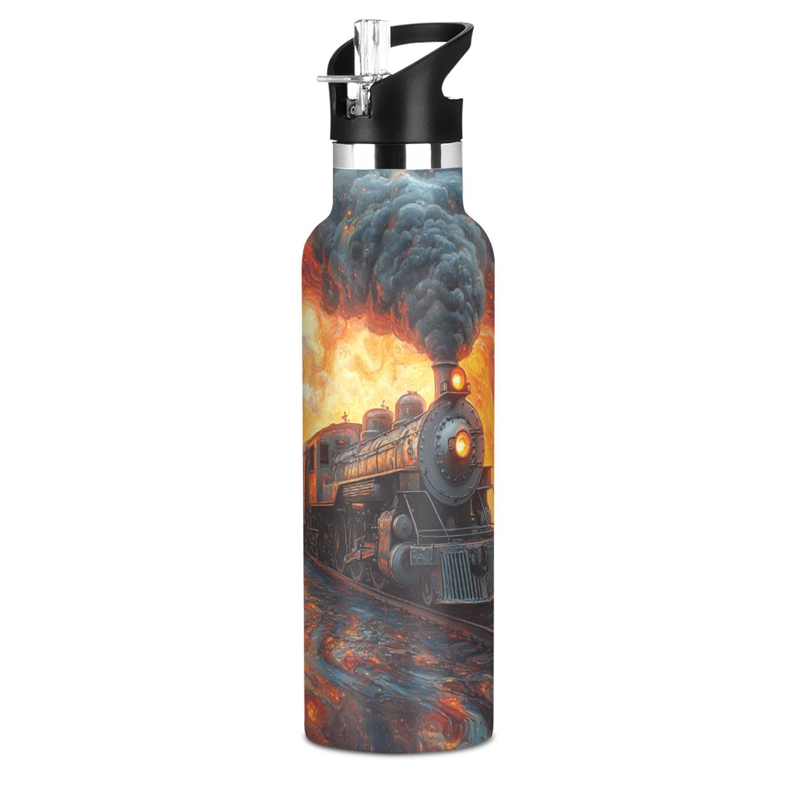 Selerdon Sports Water Bottle Steam Train Expressionist Artistic Stainless Steel Beverage Container 20 oz Coffee Cup with Detacha
