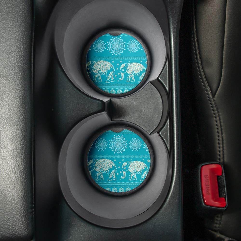 Blue Elephant Pattern Print | Car Coasters For Drinks Set Of 2 | Perfect Car Accessories With Absorbent Coasters. Car Coaster Me