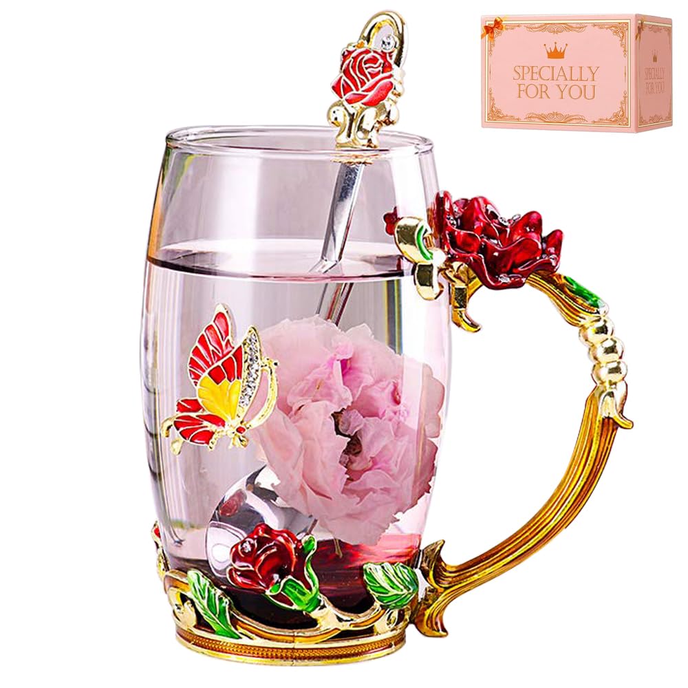 Dasyfly Birthday Gifts For Women,Enamel Butterfly Flower Glass Tea Cup Rose Red Coffee Mug,Cute Gifts For Mom Grandma Women Wife