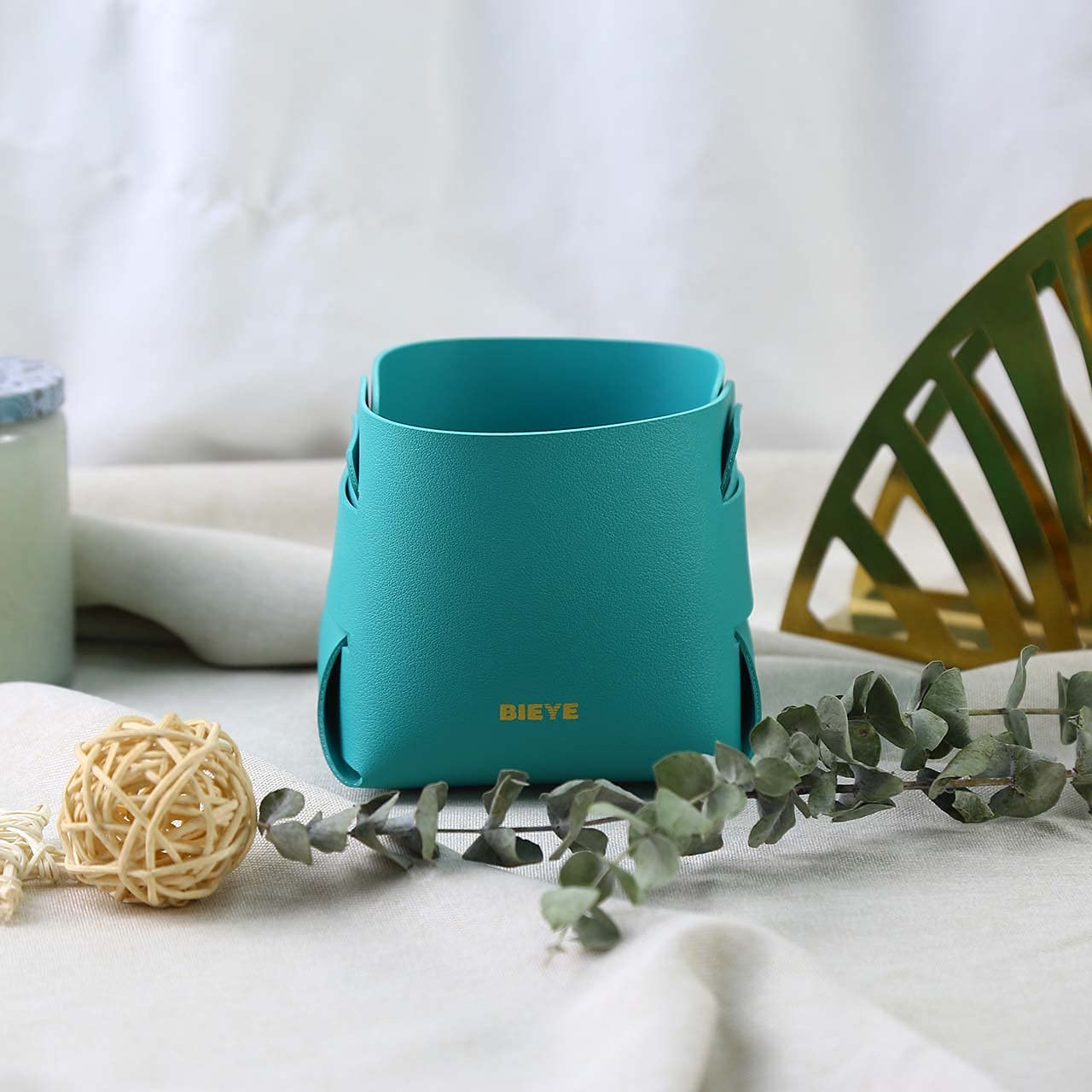 Bieye LSB002 Collapsible Leather Storage Bin Decorative Desk Organizer for Jewelry Makeup Pen Pencil Glasses Remote Controller Storage (Turquoise  4WX4LX4H)